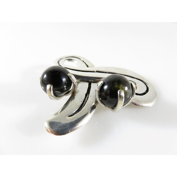 Fetching Modernist Swirling Silver & Onyx Brooch Pendant Taxco TC Conjoined Old - Picture 3 of 8